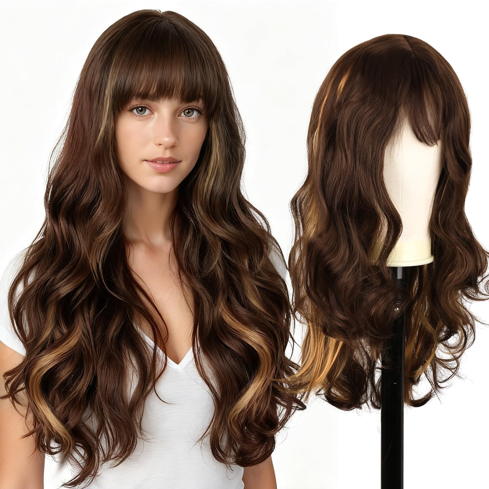 Long Brown Mixed Blonde Wavy Wigs for White Women Kinky 26 Inch Glueless Wig …