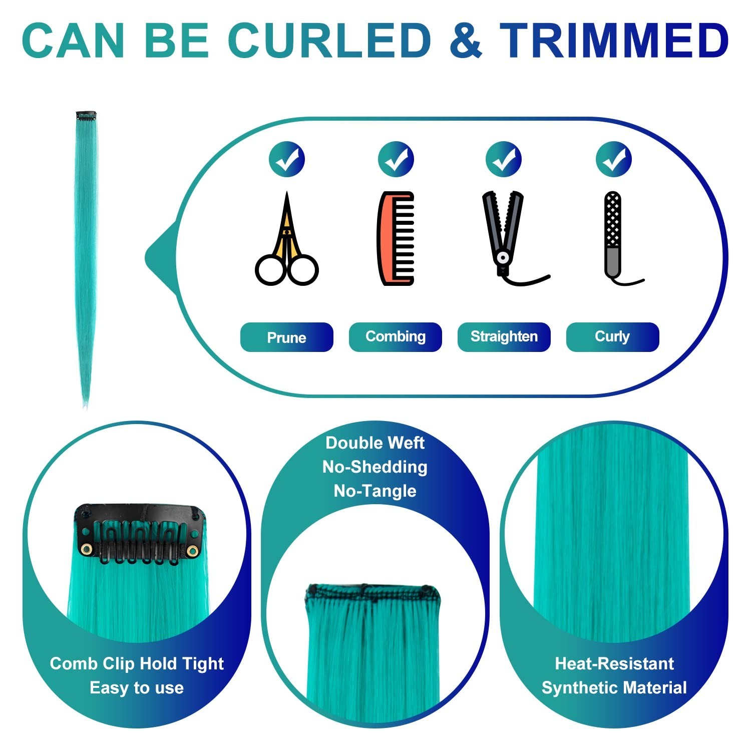 10 PCS 22-Inch Teal Blue Clip-In Extensions – Easy Styling for Women & Girls