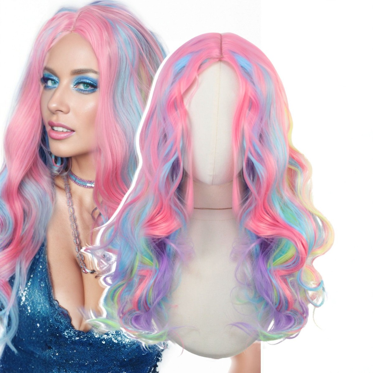 28″ Rainbow Long Wavy Wig for Women Full Heat Resistant Synthetic Cosplay Party