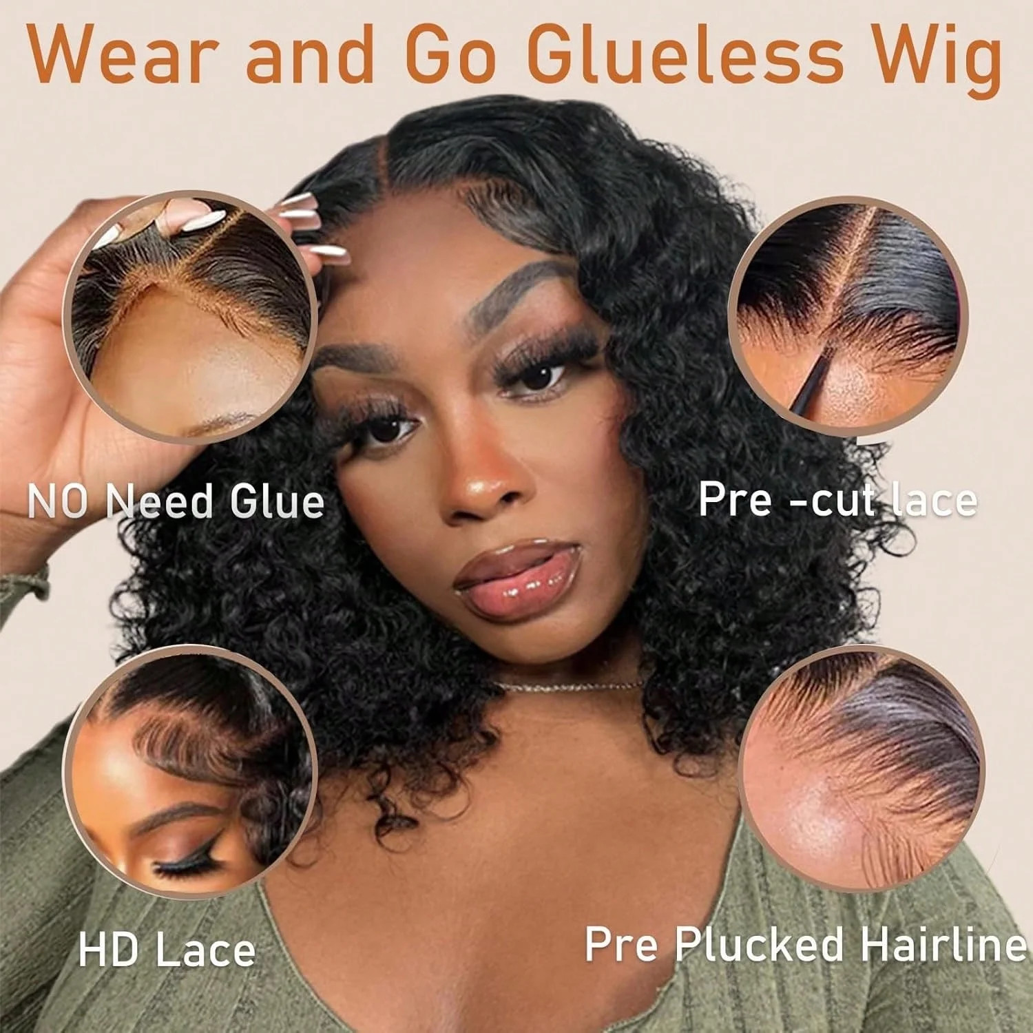 4×4 Wear and Go Lace Closures Wigs Human Hair Natural Black Color Kinky Curly