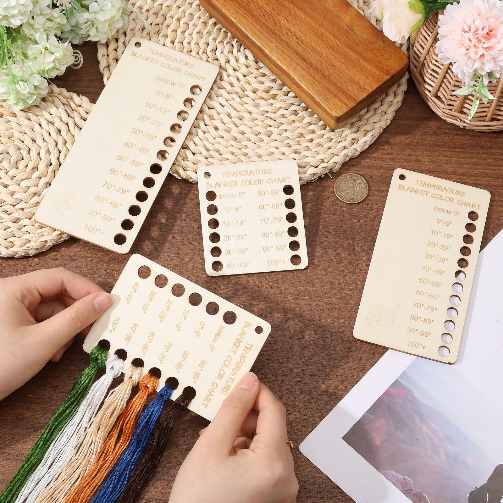CHGCRAFT 4Pcs Temperature Blanket Planner Wood Knitting white
