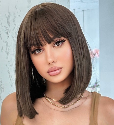 Women’s Short BOB Brown Blonde Dark Root Straight Wig Synthetic Hair Wigs 14inch