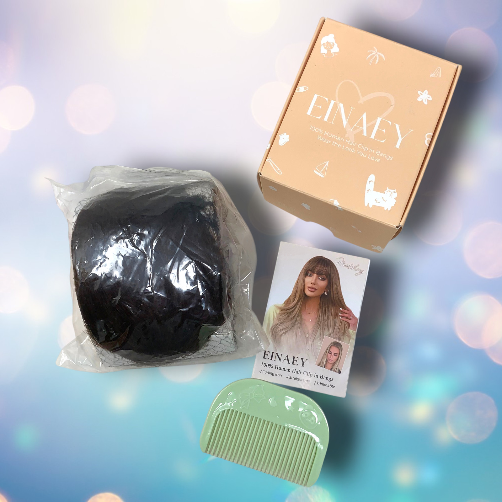 NEW Einany Clip In Brown French Bangs 100% Human Hair Trimmable Heat Styleable