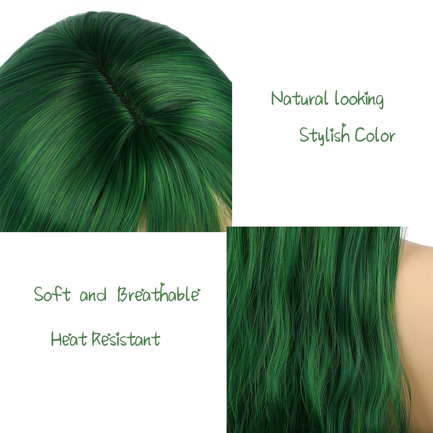 Womens Long Curly Wavy Green Wig with Bangs Synthetid Heat Resistant Hallowee…