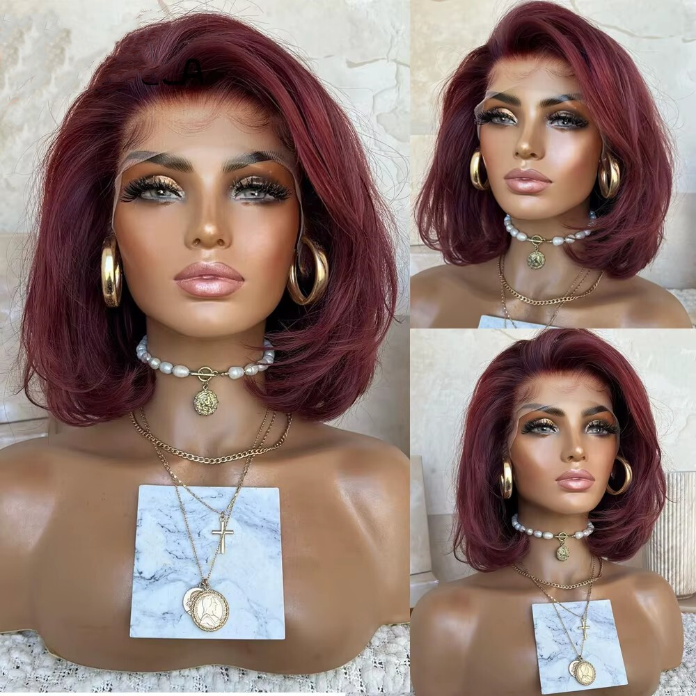 Burgundy Red Color Short Bob Lace Front Natural Wave Human Hair Wigs 200% Full