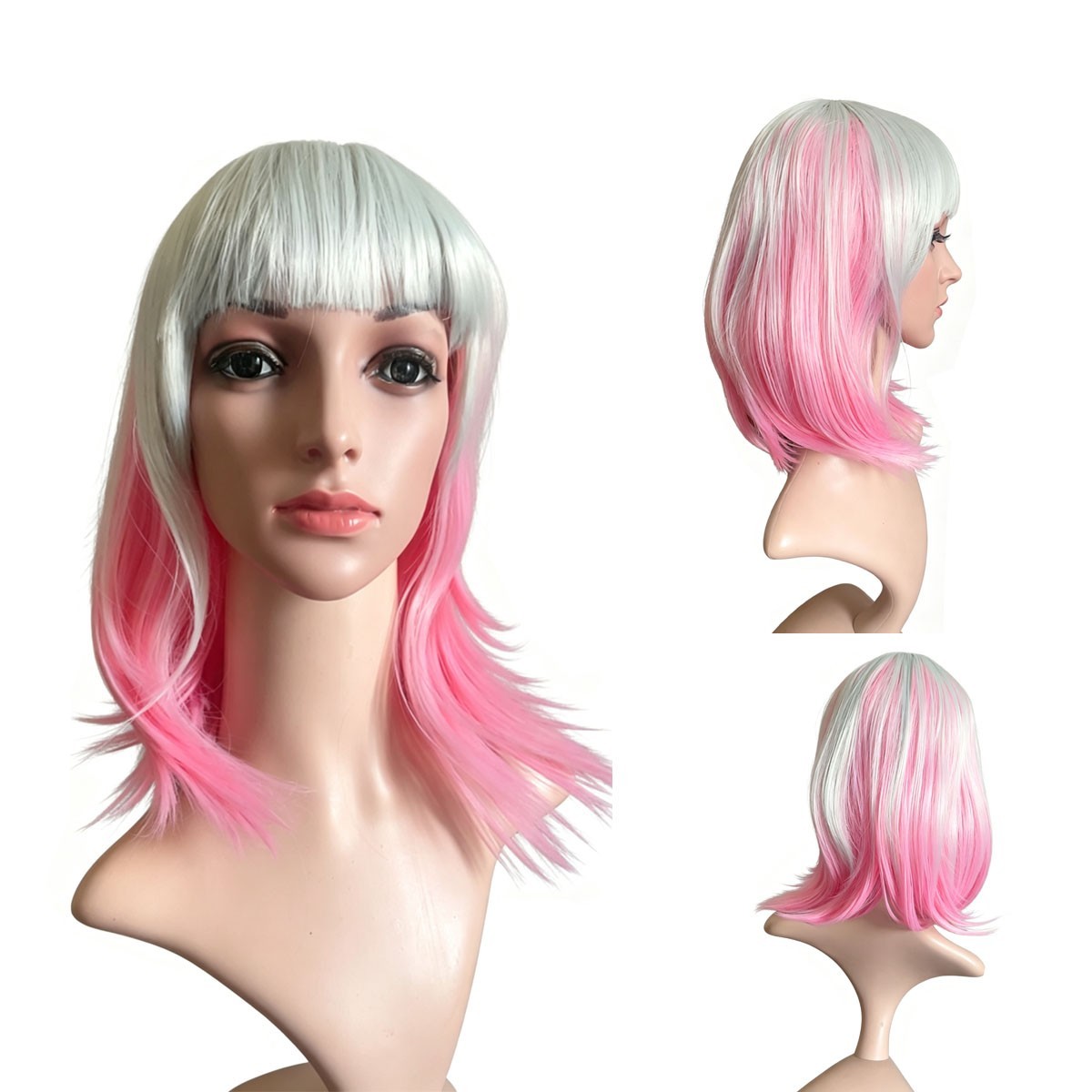 Silver Pink Ombre Bob Wig Short Synthetic Hair with Bangs Capless Open Weft