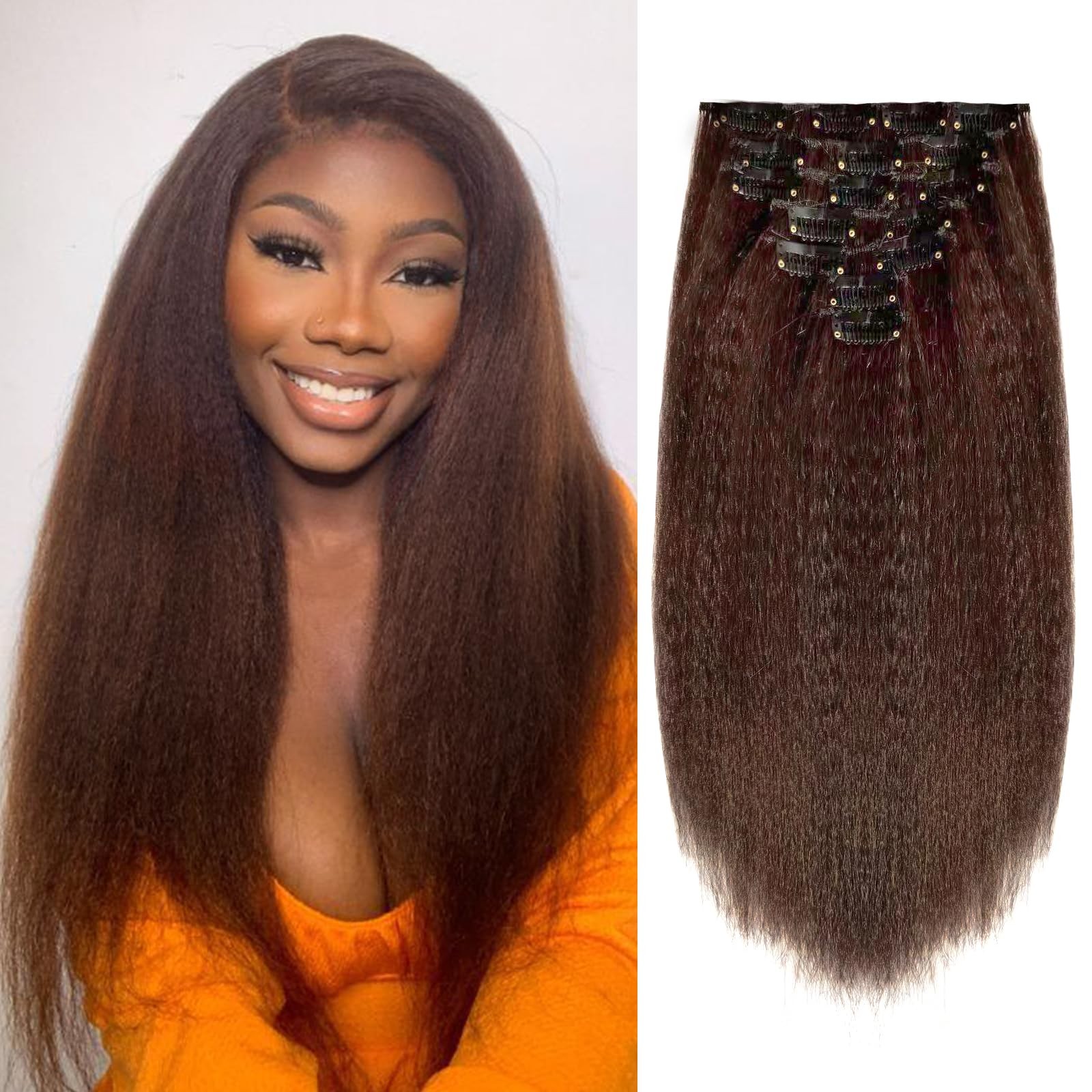 12 Inch 4# Yaki Kinky Straight Clip in Hair Extensions – 7 PCs 95g Seamless S…