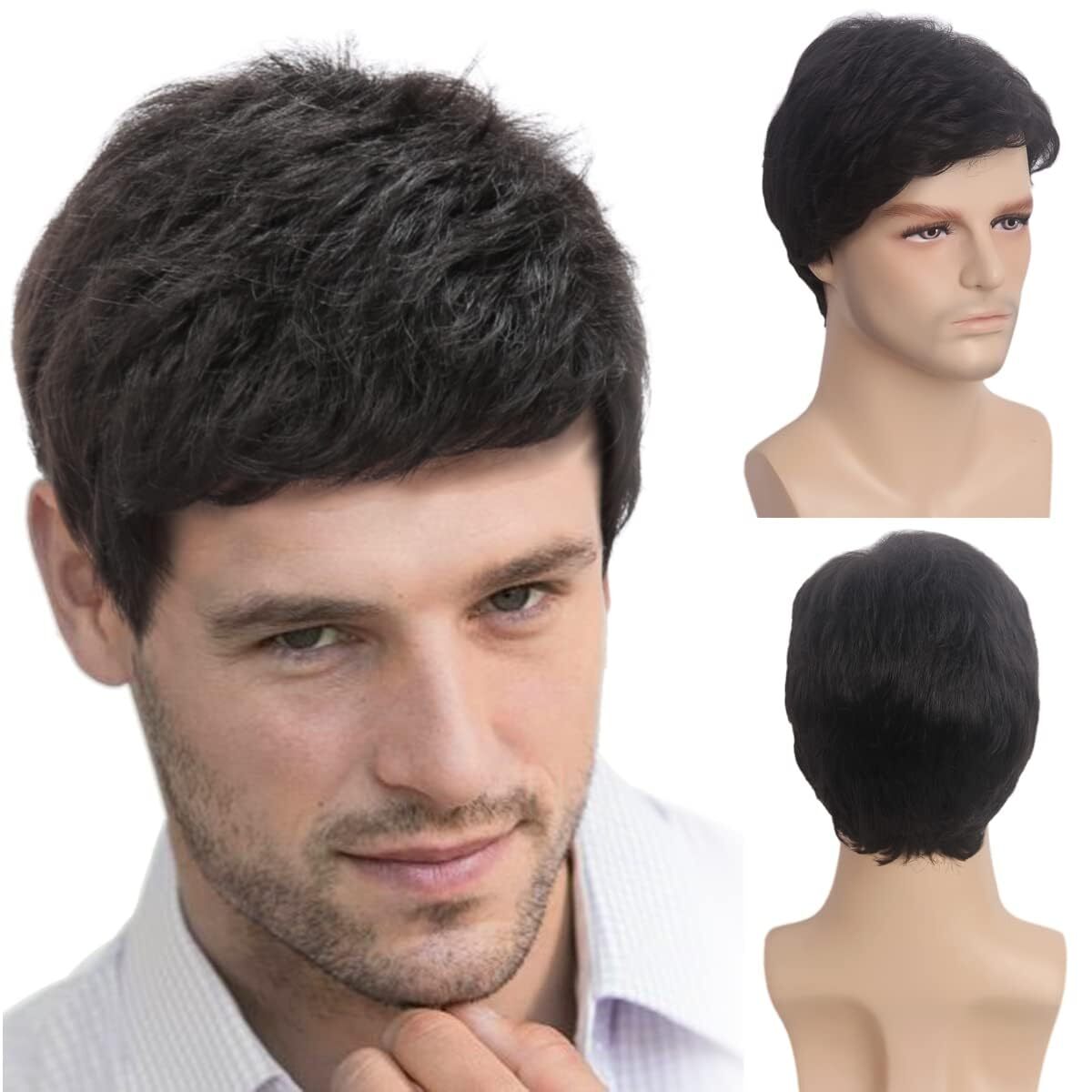 Men’s Short Straight Black Wig Little Wavy Heat Resistant Synthetic Hair Daily