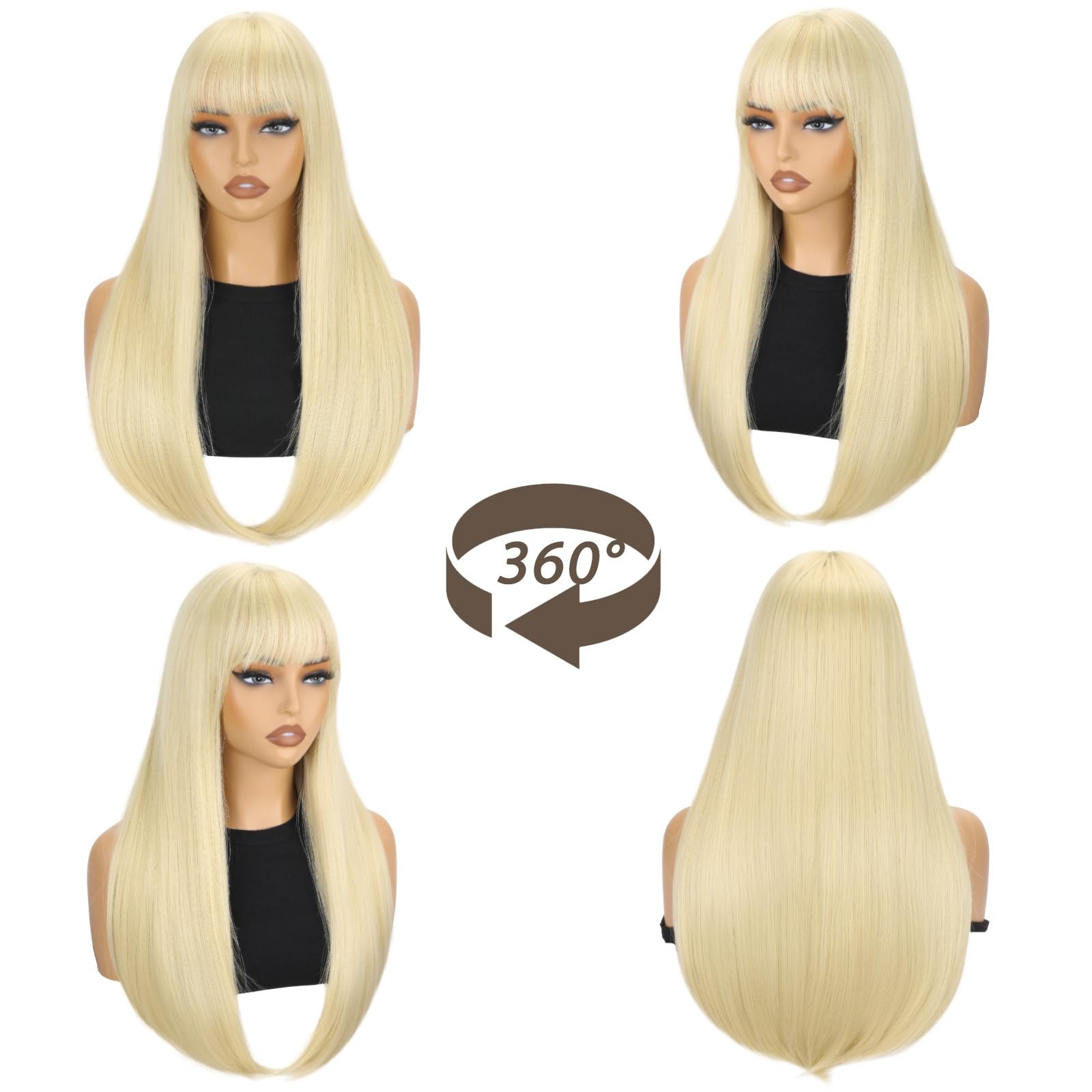 Long Blonde Wig with Bangs Straight Blonde Wig for Women Natural Looking Hair…