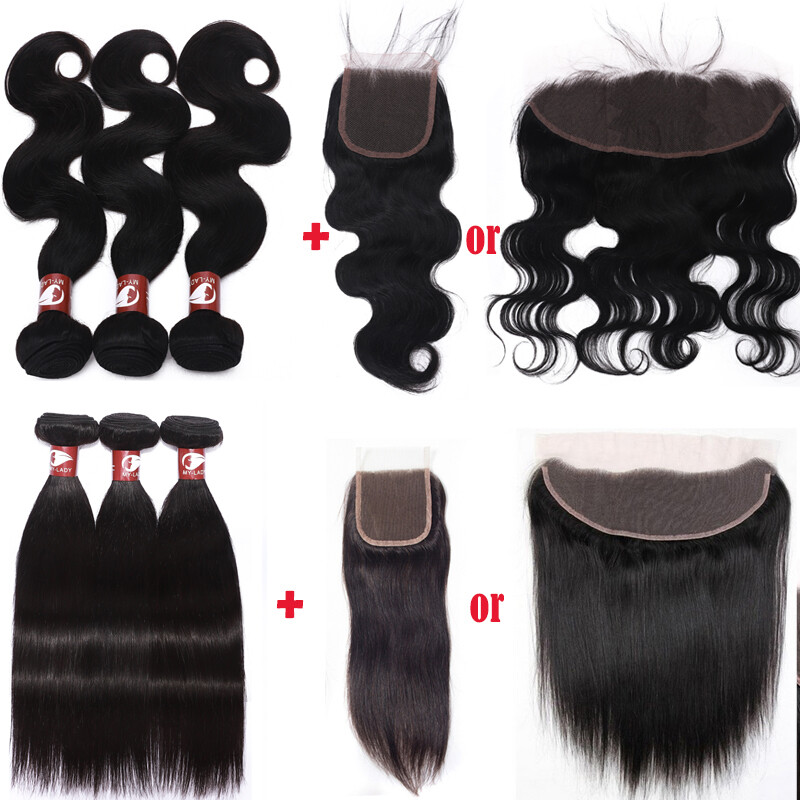 300g Peruvian Virgin Human Hair Weave 3Bundles with 13*4 Lace Frontal Closure US