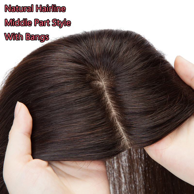 130% Clip in Human Hair Topper Hairpiece Toupee Wigs with Bangs For Loss Hair US