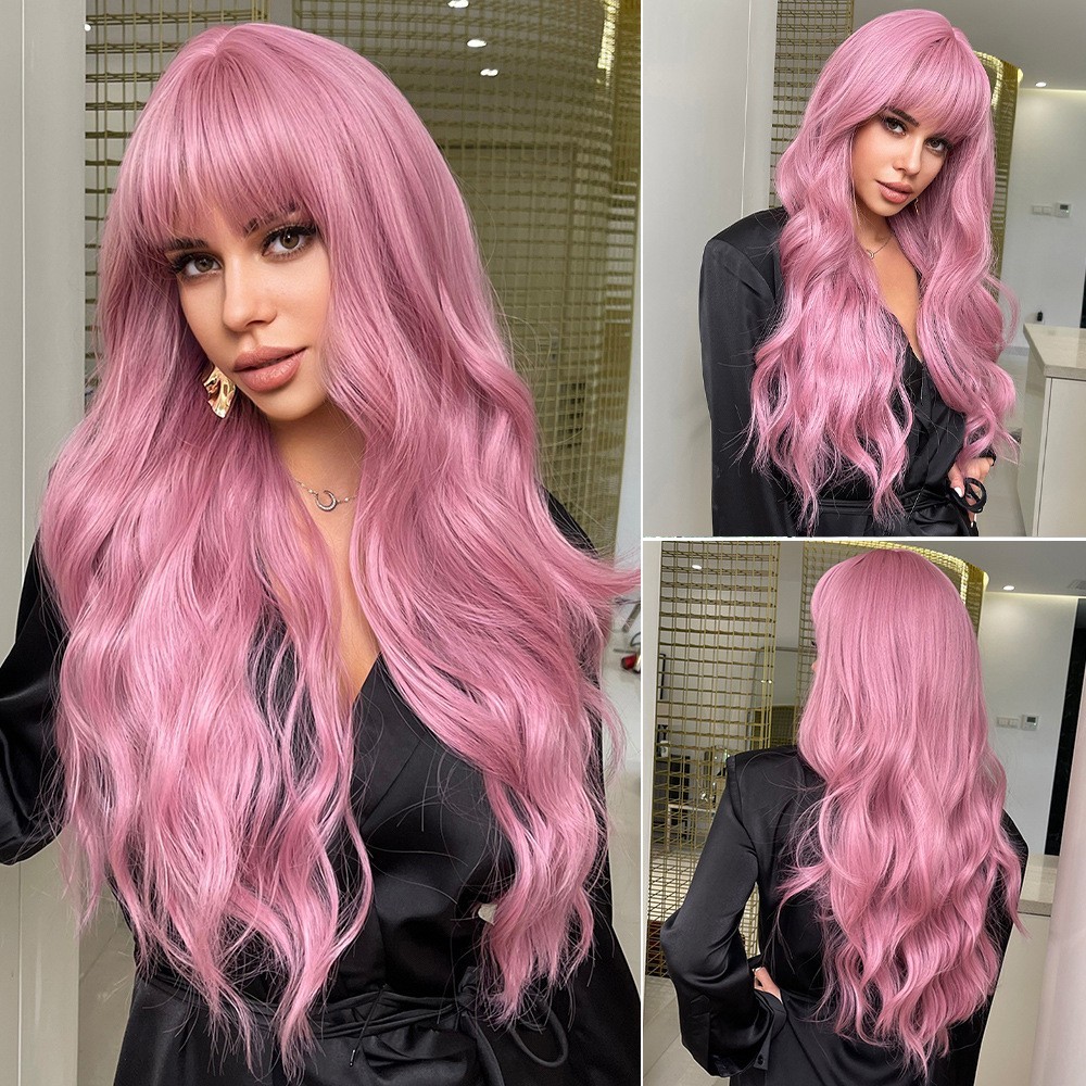 Long Wavy Pink Wigs with Bangs for Women Daily Party Cosplay Costume Synthetic H