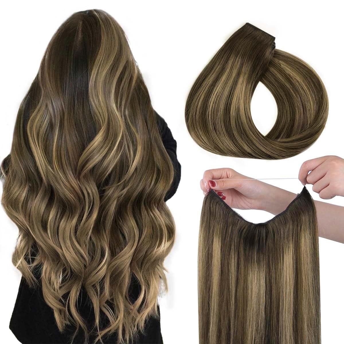 HOTBANANA 16″ Wire Hair Extensions 95g Chocolate Brown Caramel Blonde Real Human