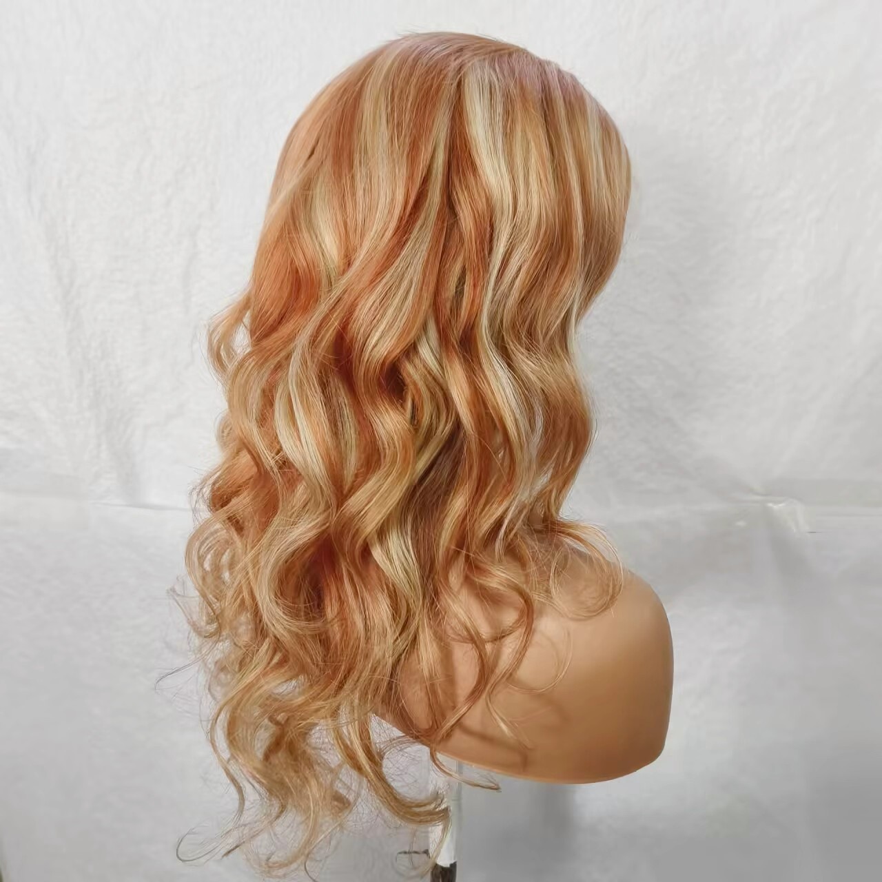 long wave orange with Blond Highlight Lace Front Wig 100% Human Hair Wigs 18″