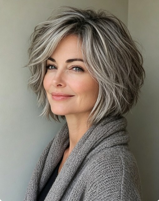 Silver Gray Highlight Bob Wigs Dark Roots 100% Human Hair Lace Front Wigs
