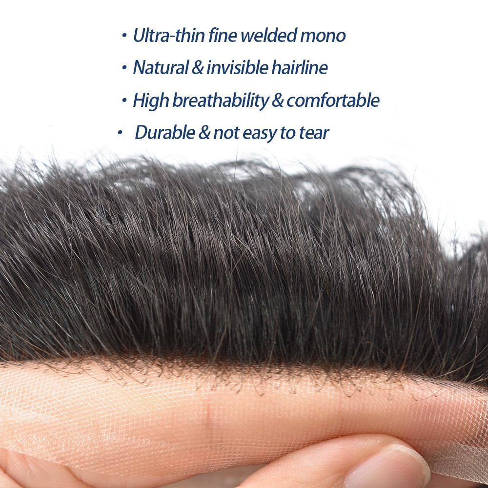 Mens Toupee Hairpiece Human Hair System Fine Mono Welded Lace Front Wig for Men