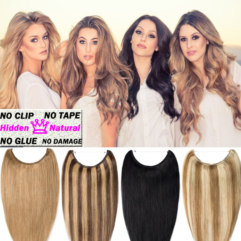 One pieces No Clips Fish Line Hair Wire /on In Remy Human Hair Extensions W56