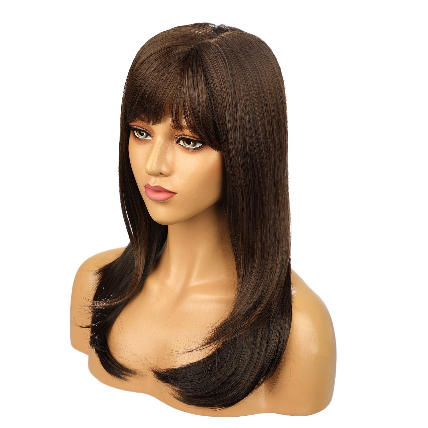 21.65in Brown High Temperature Fiber Hair Wigs With Bangs For Women 100% Density