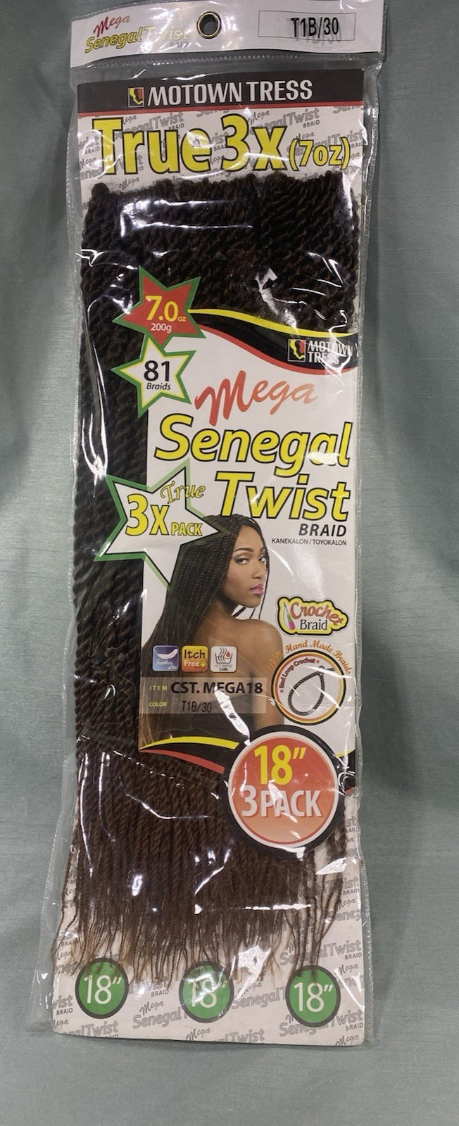 MOTOWN TRESS Mega Senegal Twist Crochet Braid 18″ Color T1B/30 3 Pack NEW 3X18