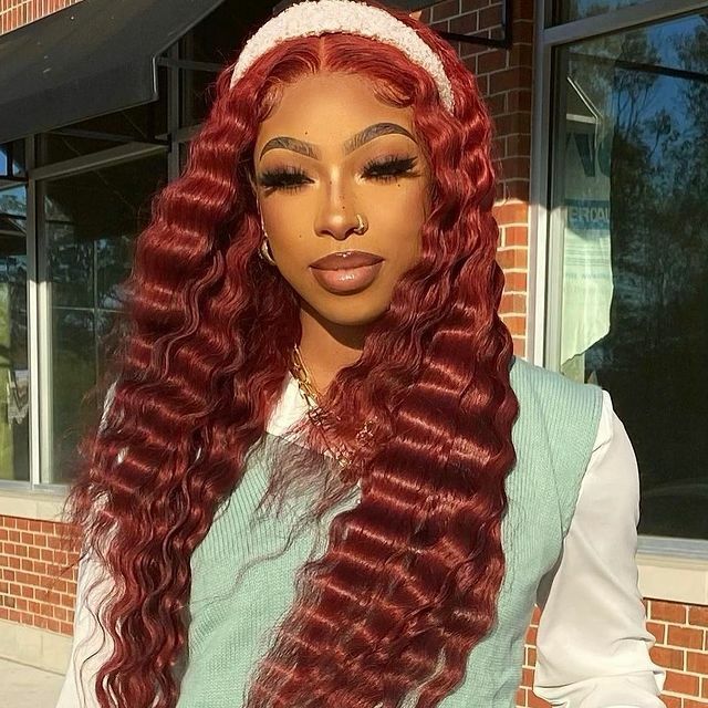 Human Hair Lace Front Wig 99j Burgundy Deep Wave 13x4x1 Lace Part Wig Remy Hair
