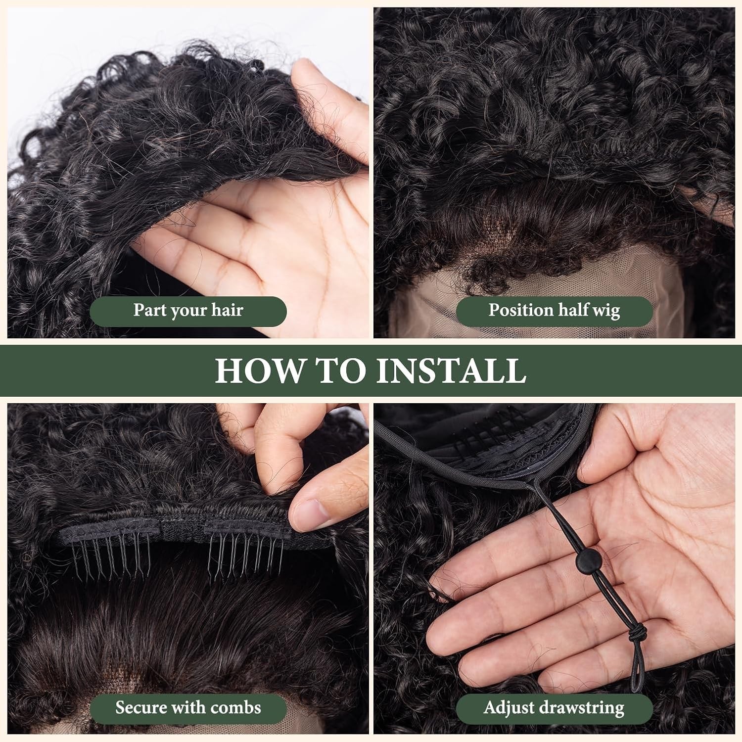 Kinky curly 3 in 1 Half Wig Human Hair, Seamless Flip Over Half Wigs Glueless We