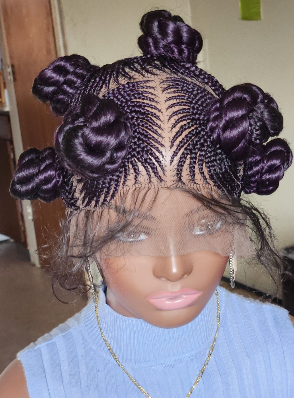 Handmade Bantu Knot Braided Full Lace Cornrow wig Dark purple