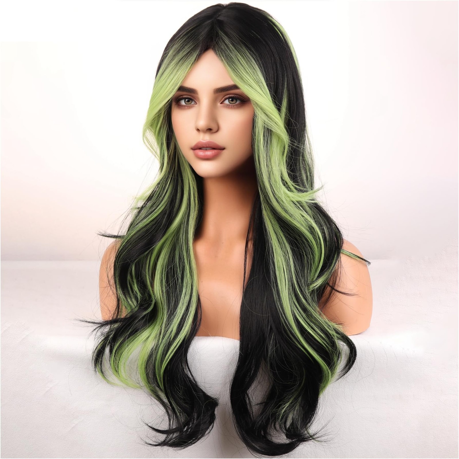 Black And Green Wigs for Women Girls Long Curly Wavy Wig With Bangs Black Gre…