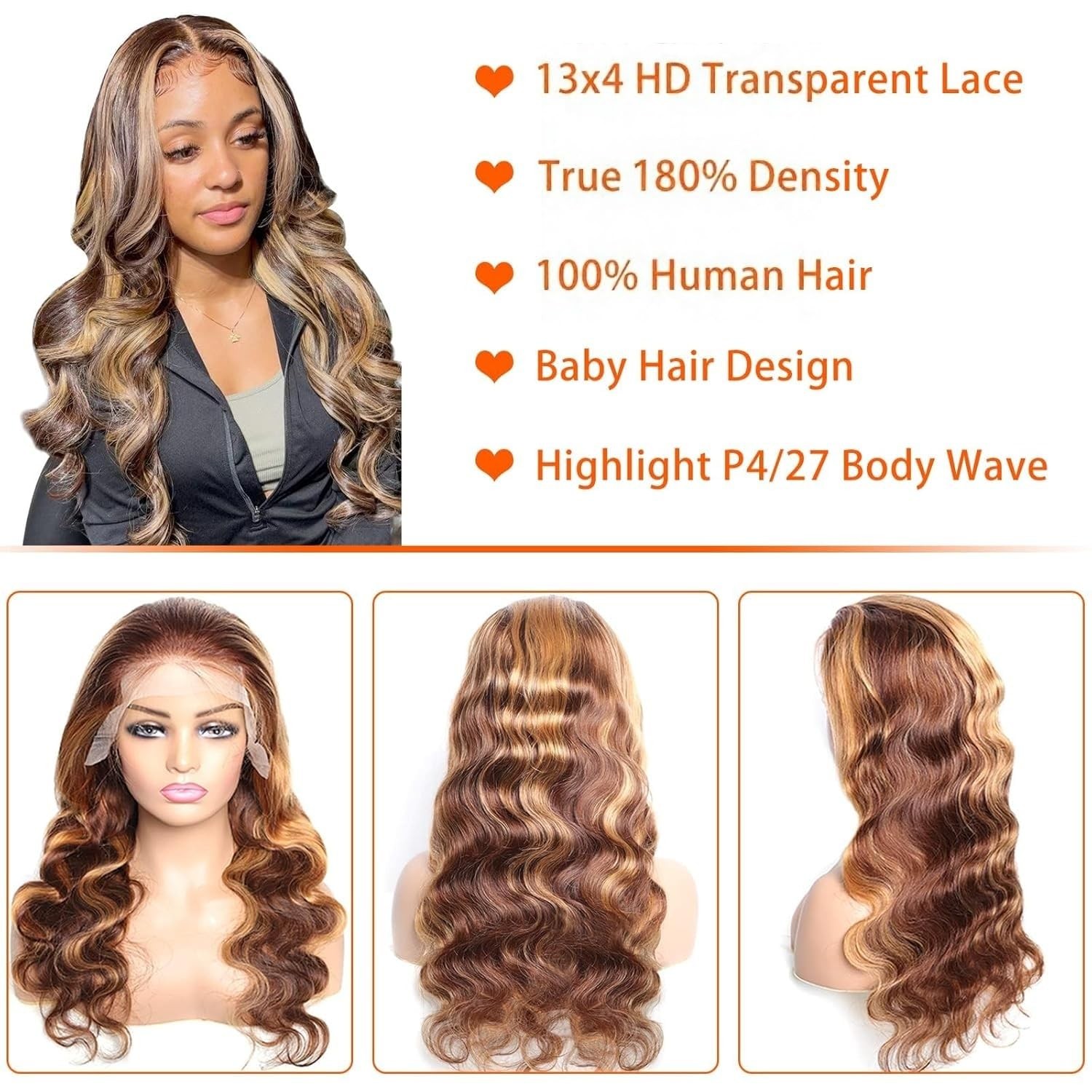 13×4 HD Body Wave Highlight Ombre Lace Front Wig Human Hair Pre Plucked 4/27 …