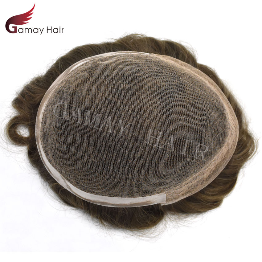 Mens Toupee French Lace Front Hairpiece Poly Skin PU Hair System Replacement Wig