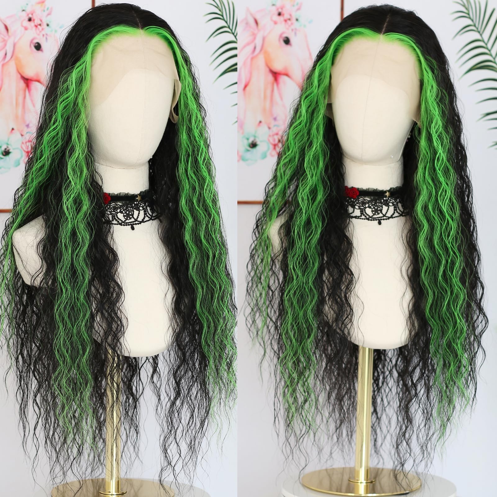 ANDRIA 26″ Black Green Skunk Curly HD Lace Front Wig Pre-Plucked 200% Density