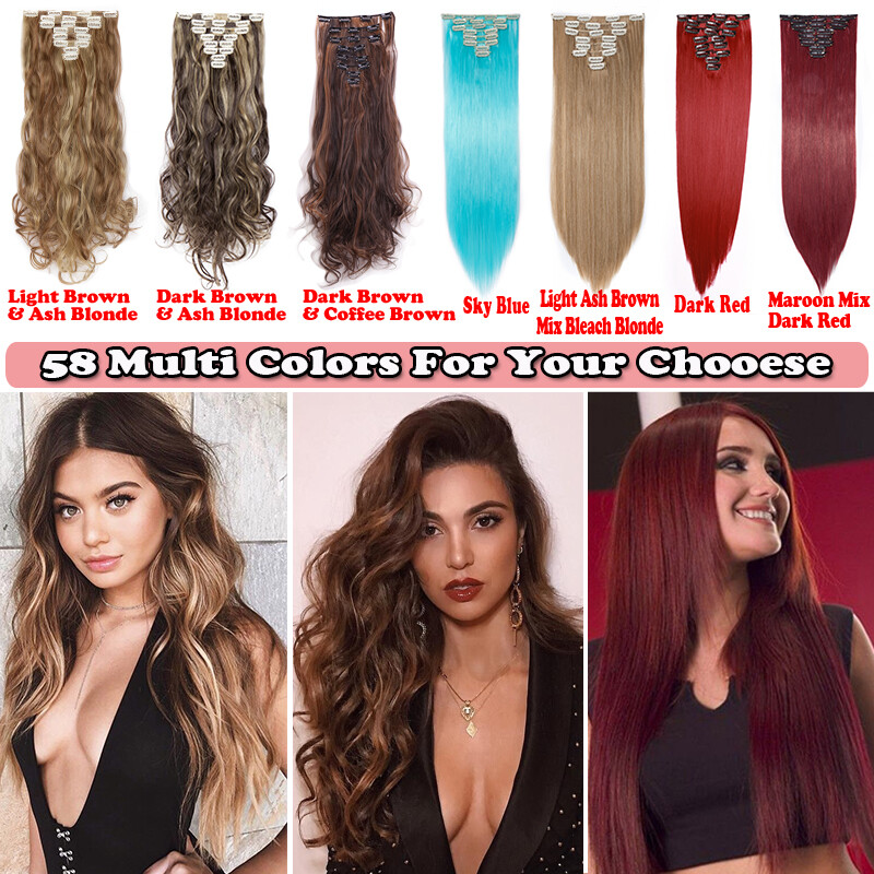 18 Clips Thick Curly Straight Full Head Clip in Hair Extensions Real As Human US