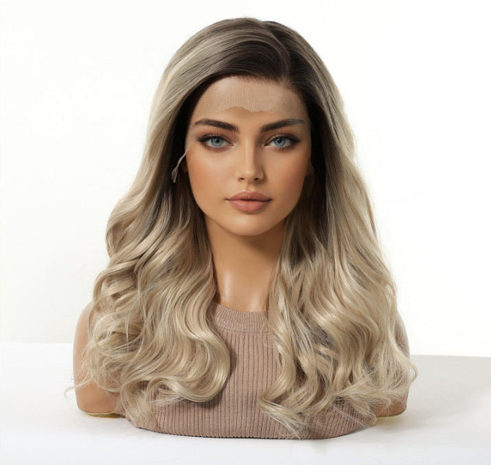 Long Wavy Rooted Blonde Brown Mix Lace Front Synthetic Hair Heat Ok Wigs