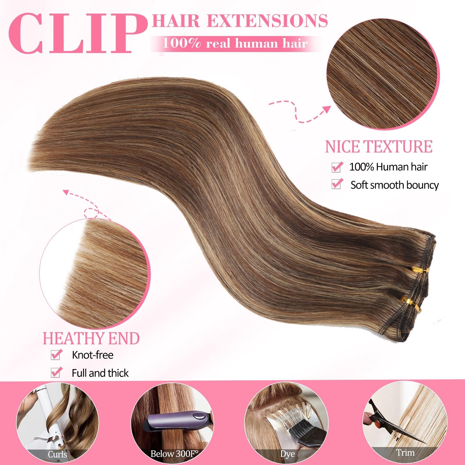 Seamless Clip-In Hair Extensions, 24″ Real Human Hair, Balayage Chocolate Brown