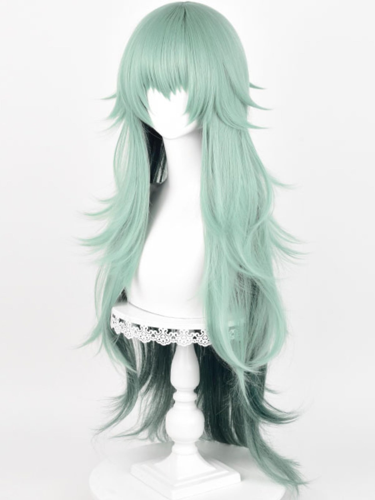 Long Curly Ombre Green Anime Cosplay Wig with Bangs 37.4” Light Cyan Spiky L…