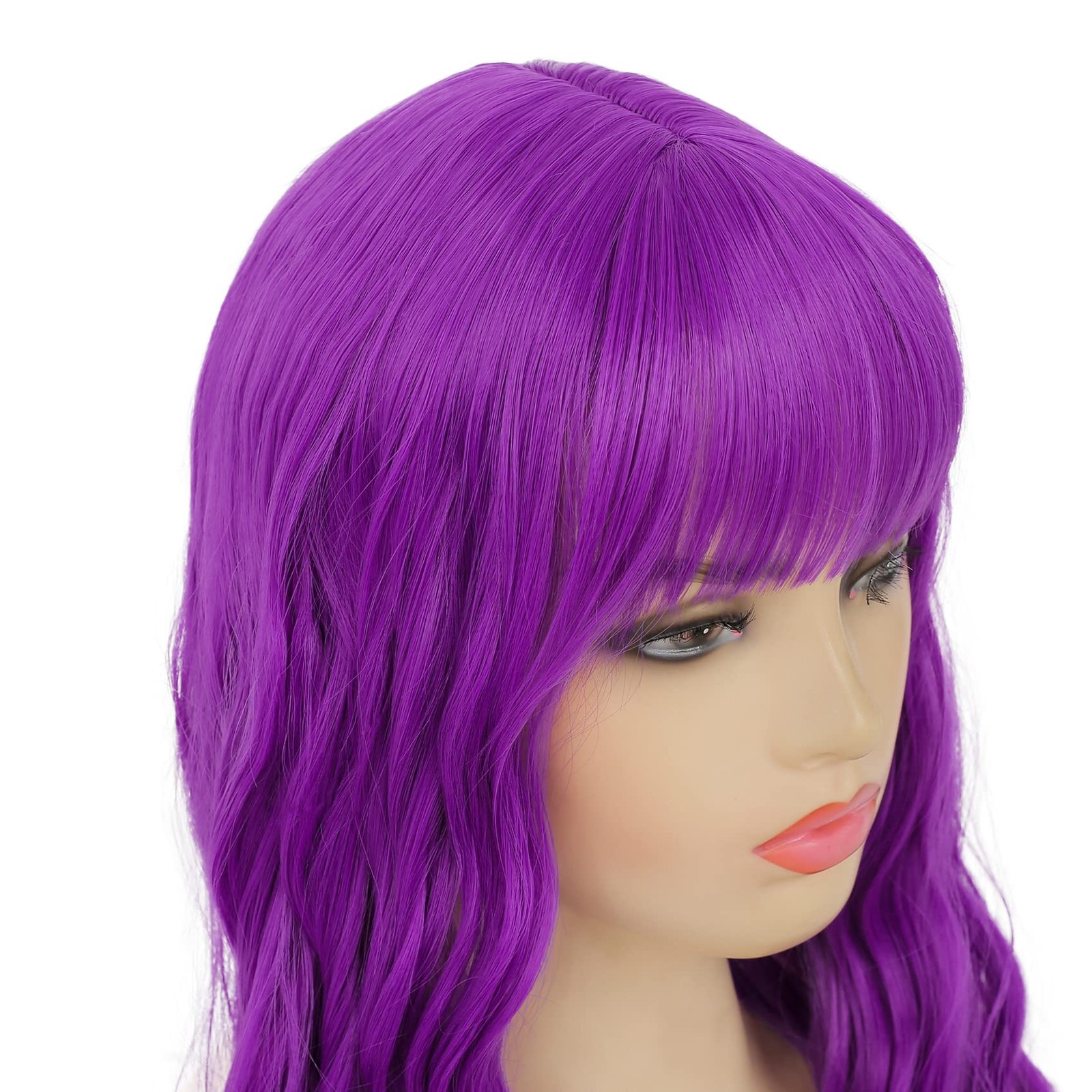 Womens Long Curly Wavy Wig Purple Wigs with Bangs Synthetic Full Wigs for Dai…