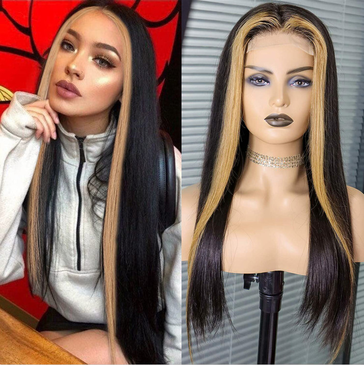 Blonde Skunk Stripe Highlight Long Straight Black Wigs Lace Front Wigs Glueless