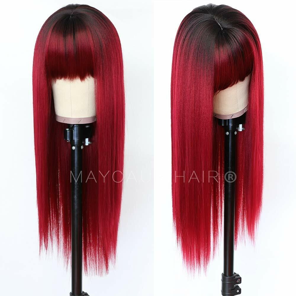 Long Ombre Red Synthetic Hair Wigs Full Bangs Heat Resistant Cosplay Party Wig