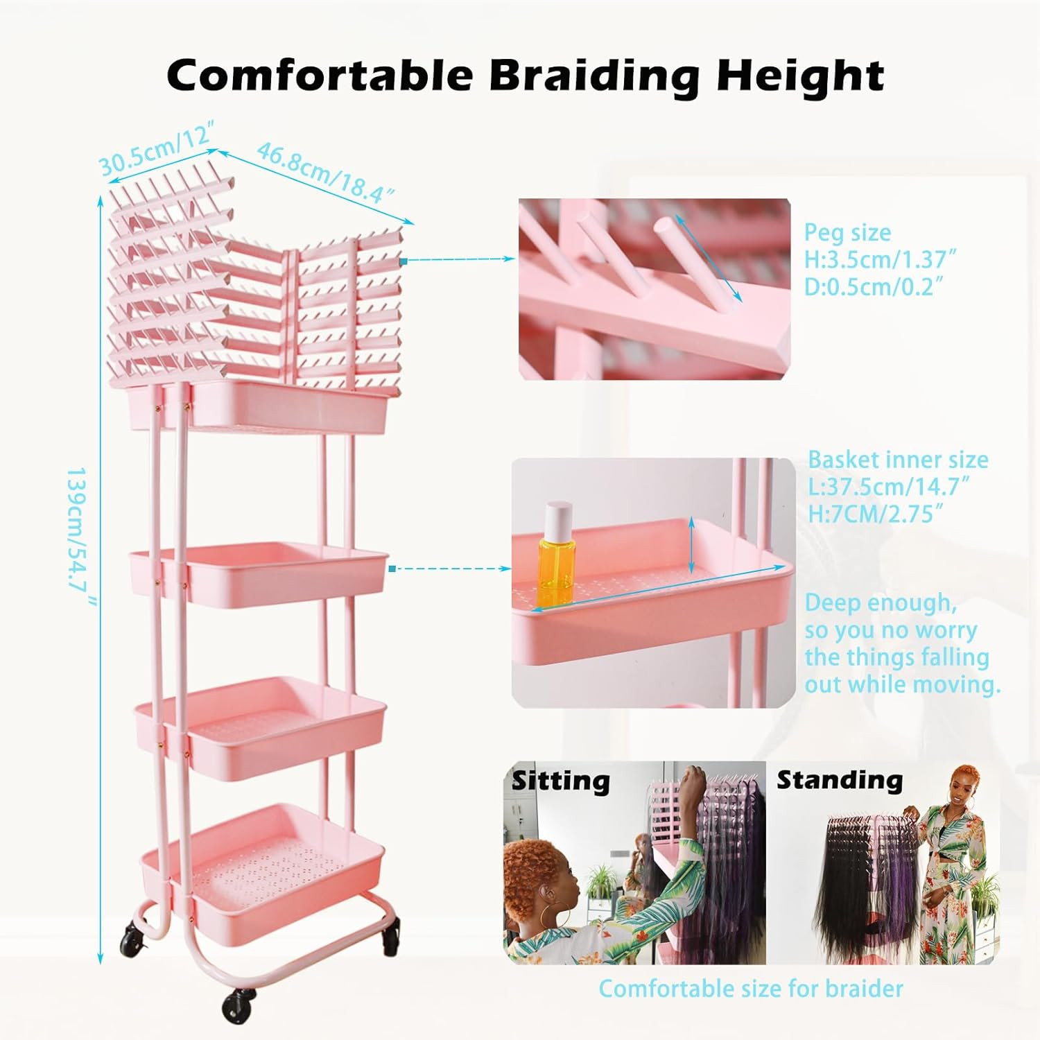 Braiding Hair Rack with 196 Pegs, Hair Extension Holder with 4 Tiers Storage Car