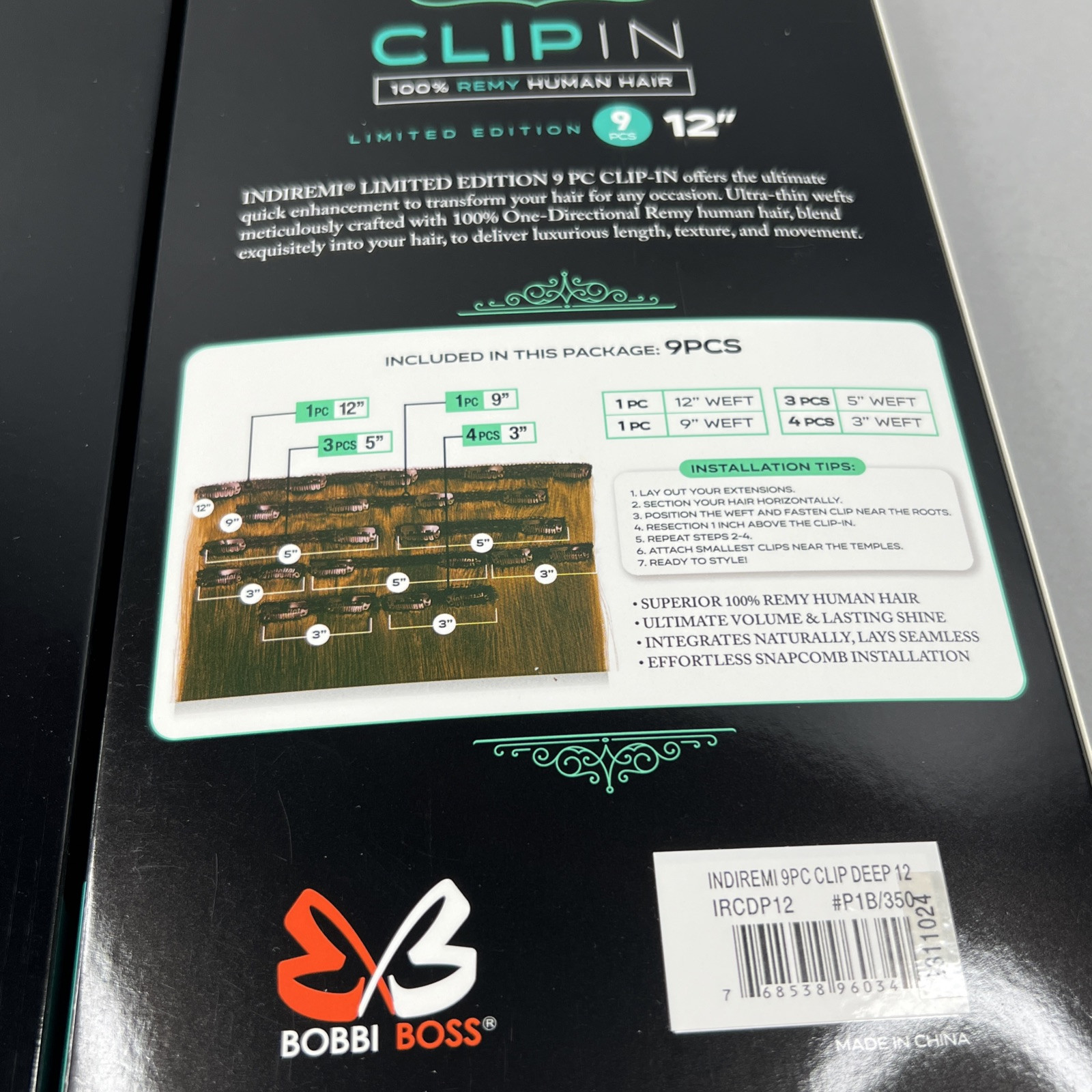 Deep Wave 9 Pc 12” Clip-in #1B/350 Black & Copper Virgin Indi Remi Hair Bobbi