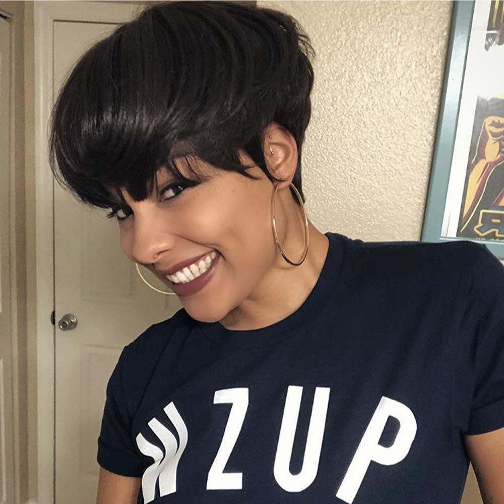 Short Black Wig Human Hair Everyday Wear Natural Hairstyle With Bangs USA