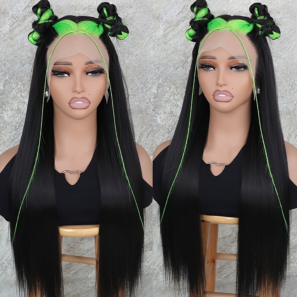 Green Highlight Black Skunk Stripe Frontal Lace Wigs Synthetic Glueless Straight
