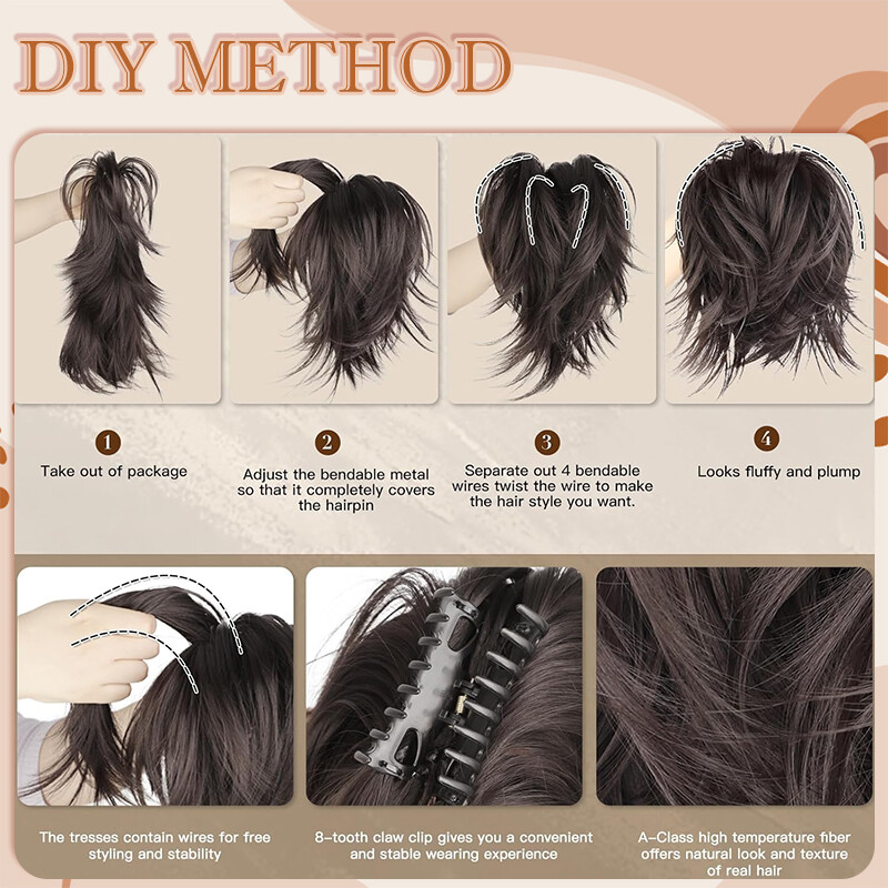 12″ Messy Bun Ponytail Claw Ponytail Clip in Hair Extension Synthetic Adjustable