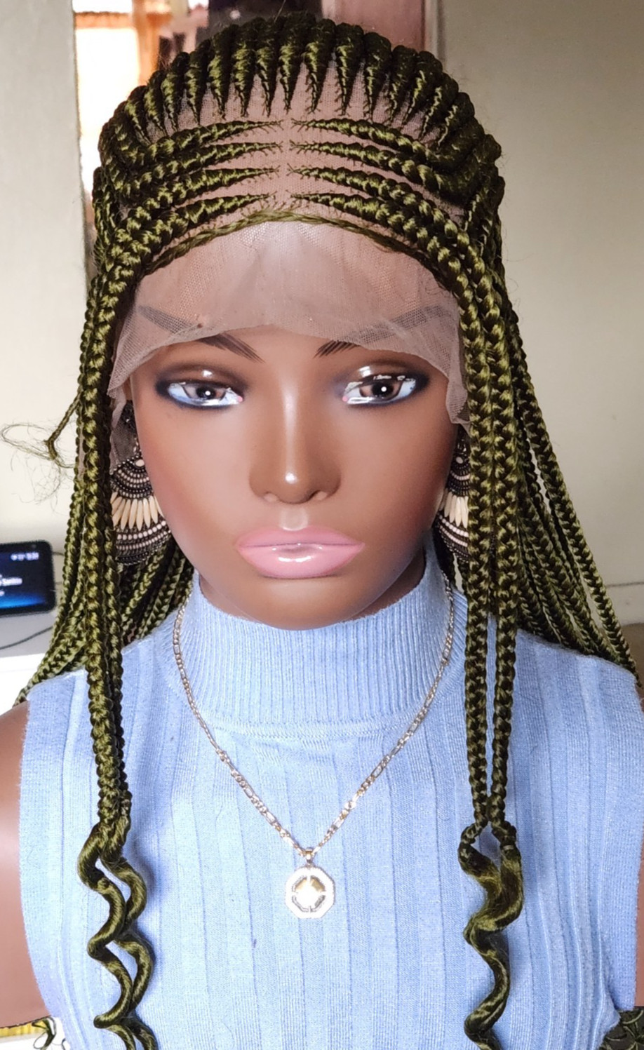 Handmade box Full Lace Cornrow wig Dark green