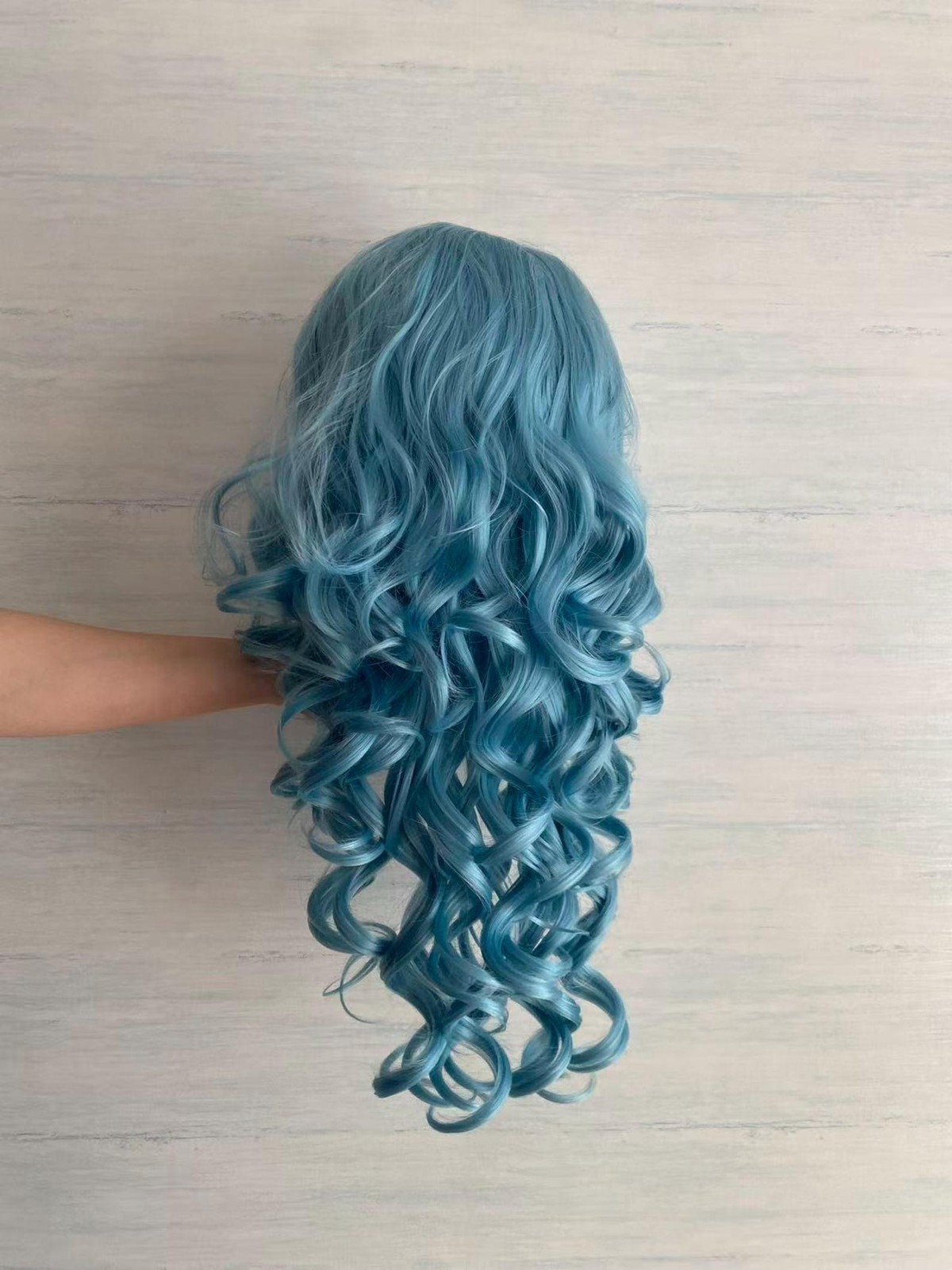 Lake Blue Long Curly Hair Lace Front Synthetic Wig Cosplay Drag Queen Wig