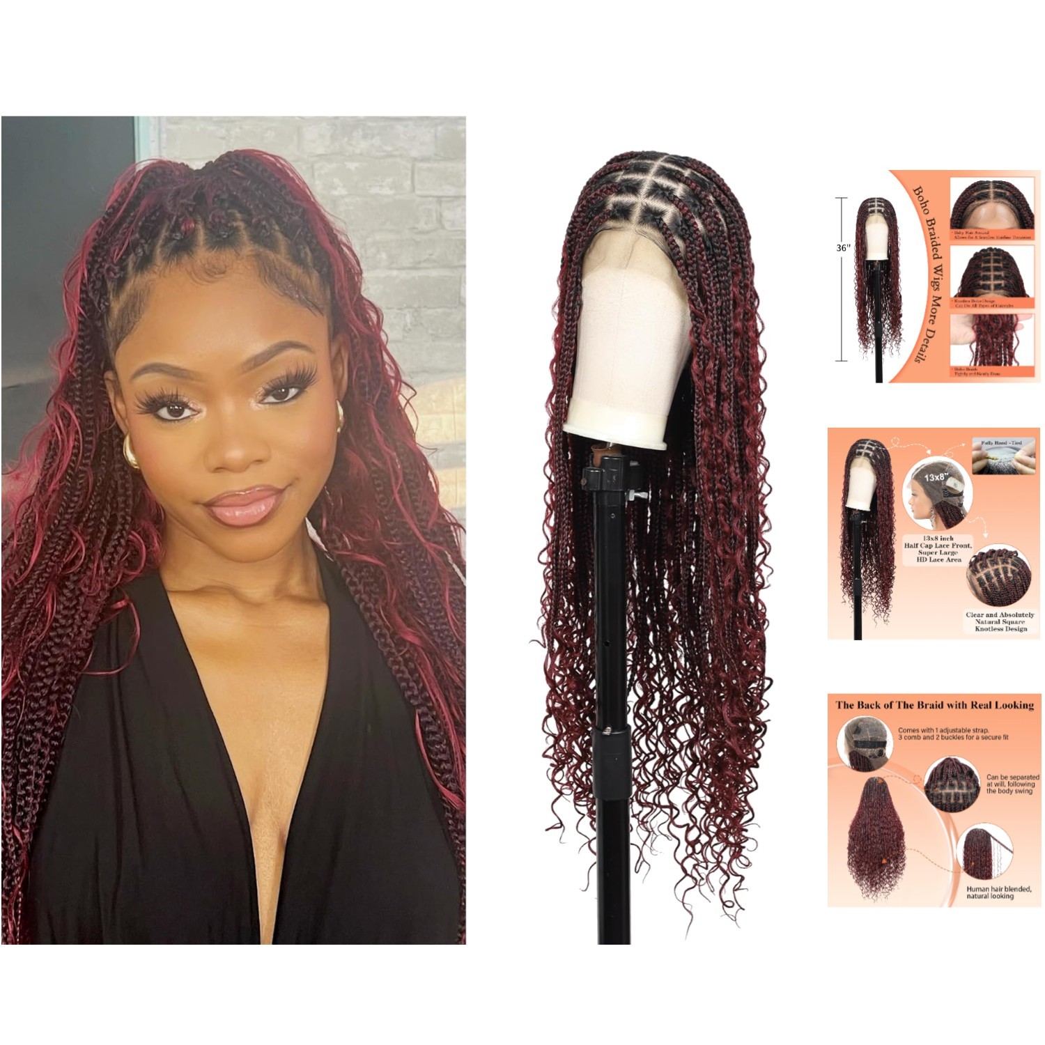 Gorgeous Burgundy 36″ Knotless Braided Wig – 13×8 HD Lace for Seamless Style