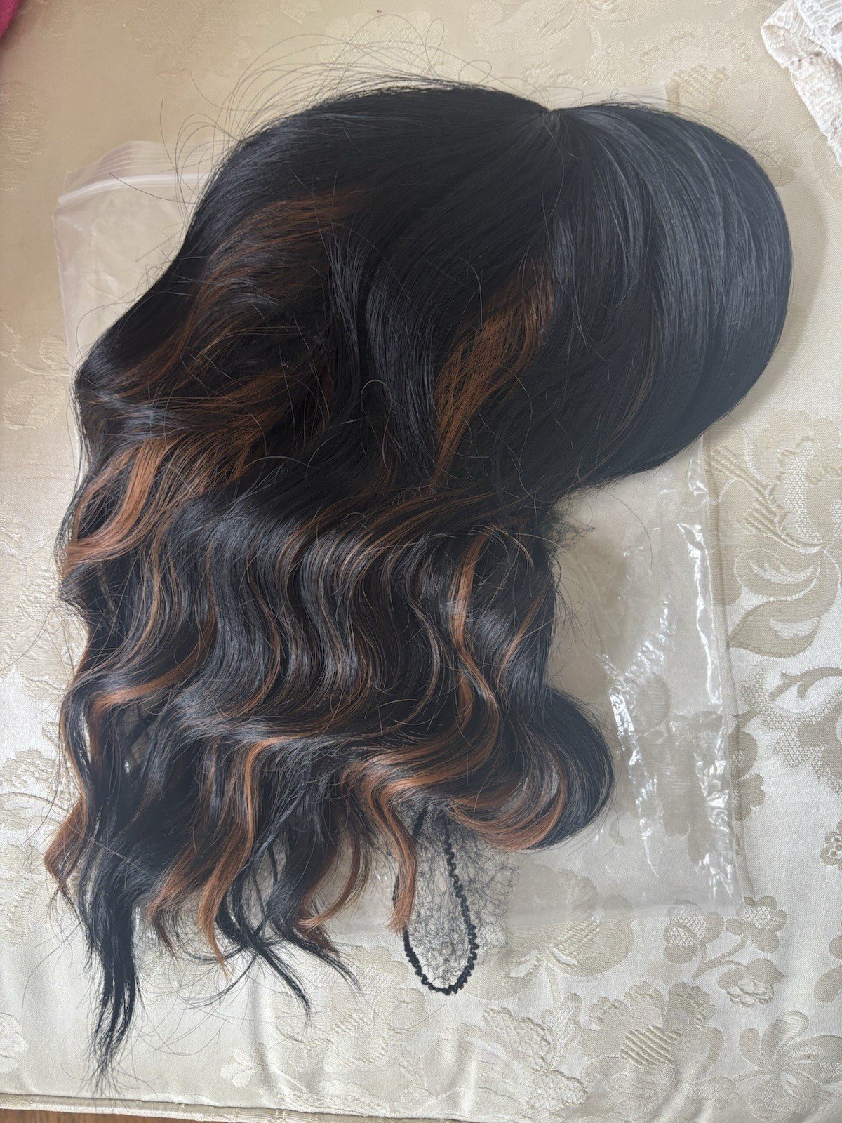 NWOT Human Hair Wavy Wig Black W/Brown Highlights SOFT Lace Front 15”