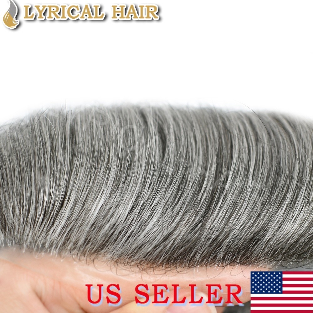 Mens Toupee Thin Skin Human Hair System V-looped PU Invisible Hairpiece Grey Wig