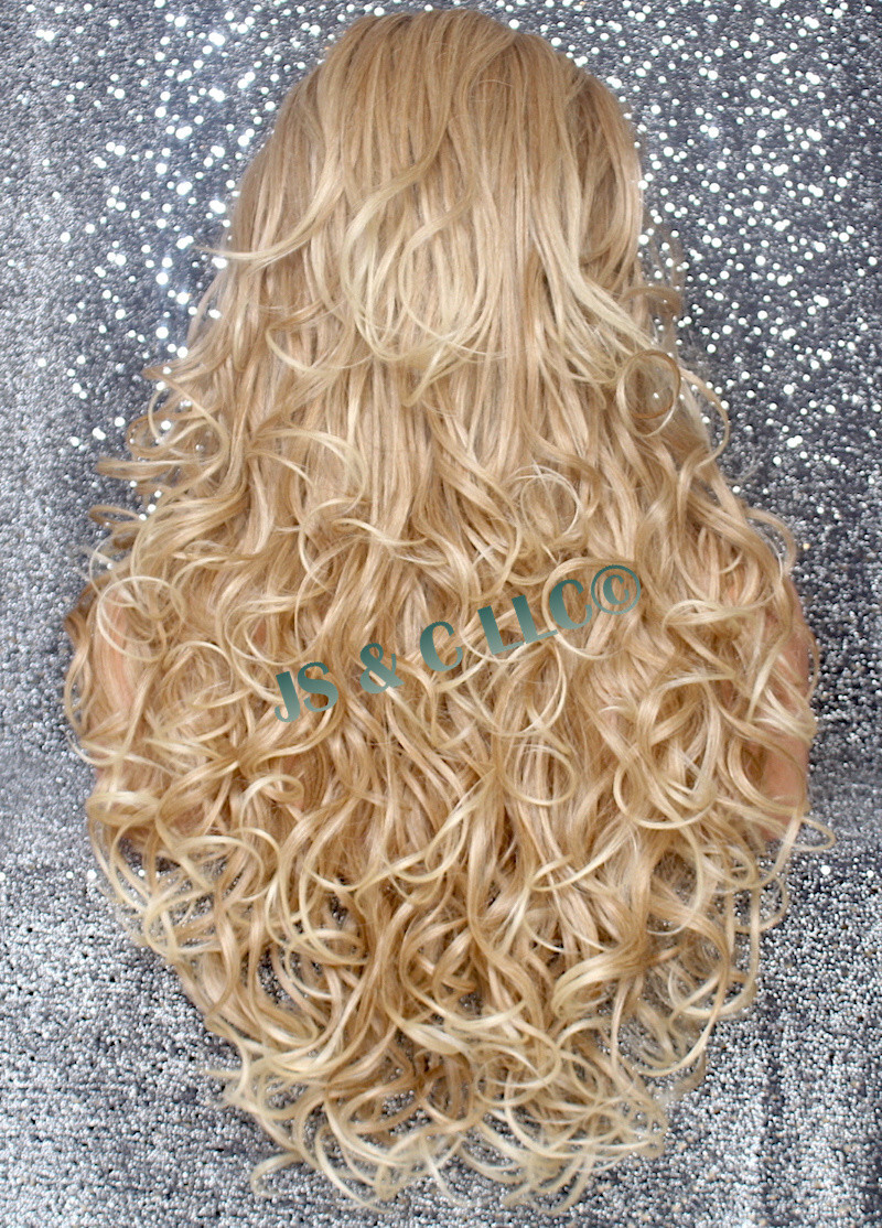 Human Hair Blend Wig Heat OK Curly Long Blonde mix Bangs Layered 27-613 NWT WBBT