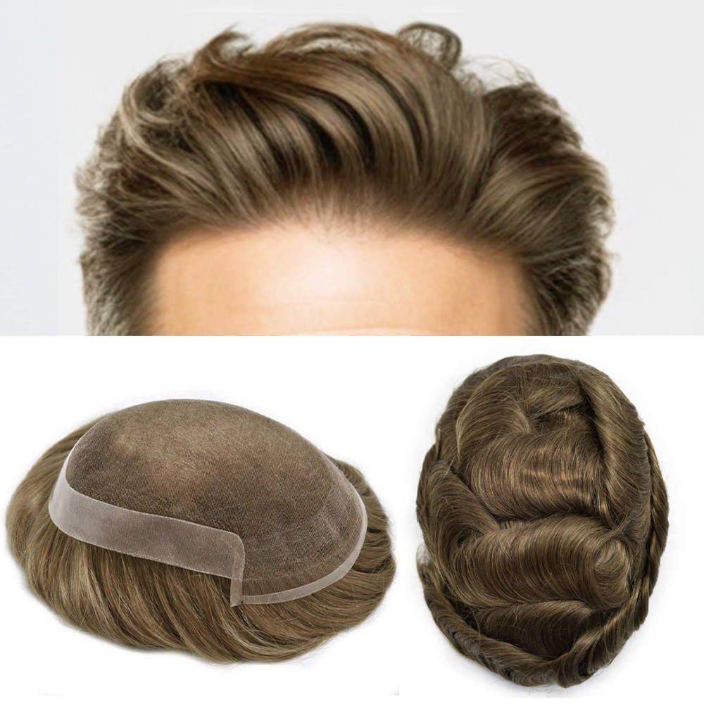French Lace Front Mens Toupee Human Hair Replacement System Poly Skin Hairpiece