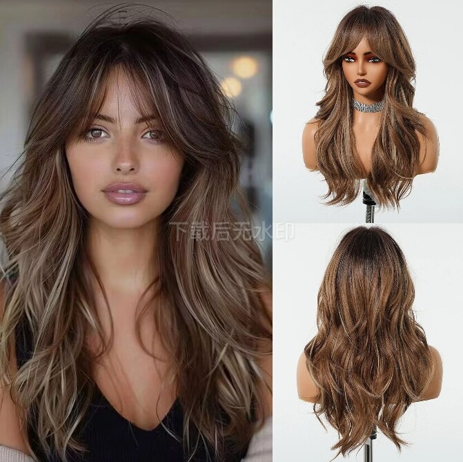 Long Wavy Layered Synthetic Wigs for Women Brown Highlights Wigs With Side Bangs